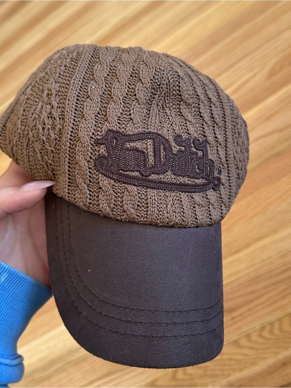 ‘Von Dutch’ Brown Cable Knit Cap with Embroidered Logo